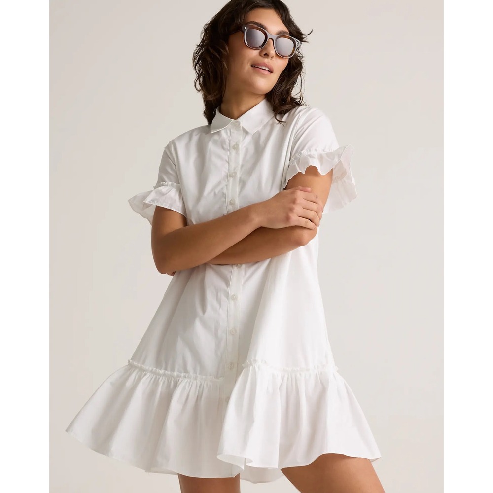 Quince 100% Organic Cotton White Poplin Short Sleeve Ruffle Shirt Dress Small